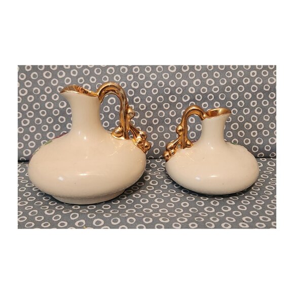 Two ~ Vintage Le Pere Mini Hand Painted Pansy Pitchers/ Vases with Gold Trim - Picture 2 of 11